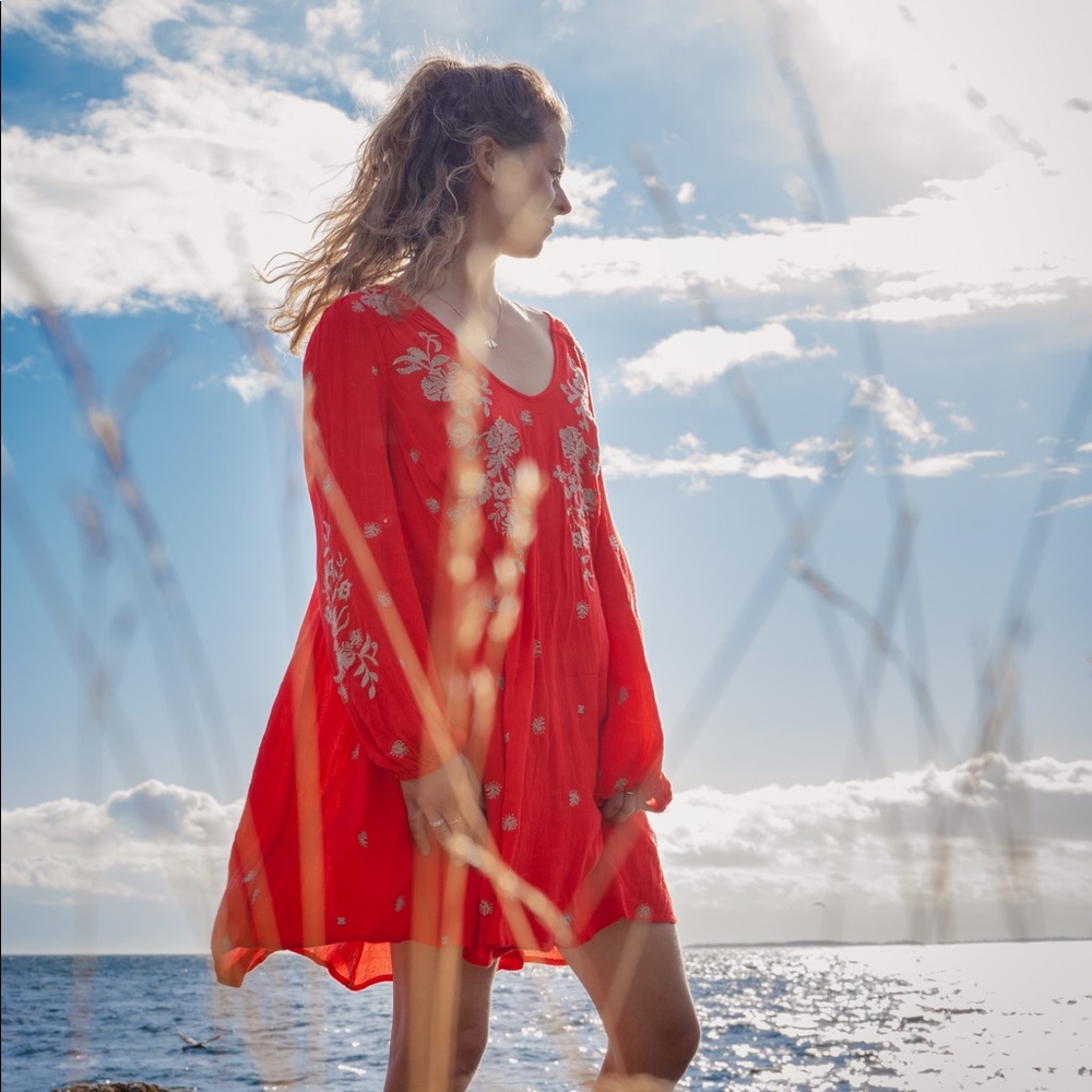 Free People Red Long Sleeve Embroidered Dress